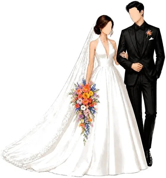 Bride in a white gown and groom in a black suit