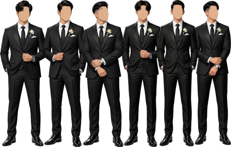 Groomsmen in black three-piece suits