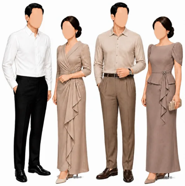 Guests in smart casual earth tones: white long-sleeve shirt with black trousers, taupe draped gown, beige button-down shirt with brown trousers, and mocha peplum gown