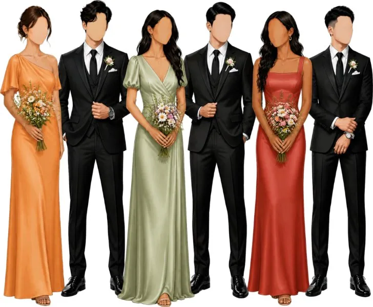 Secondary sponsors in black suits and tangerine, sage and coral gowns